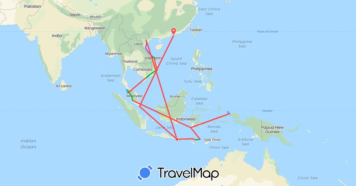 TravelMap itinerary: driving, bus, train, hiking, boat in China, Indonesia, Malaysia, Singapore, Vietnam (Asia)